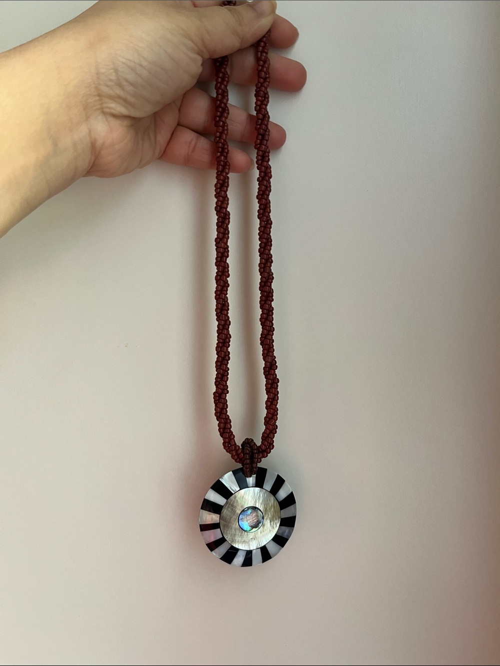Handwoven Brown Necklace with Black & White Shell Pendant